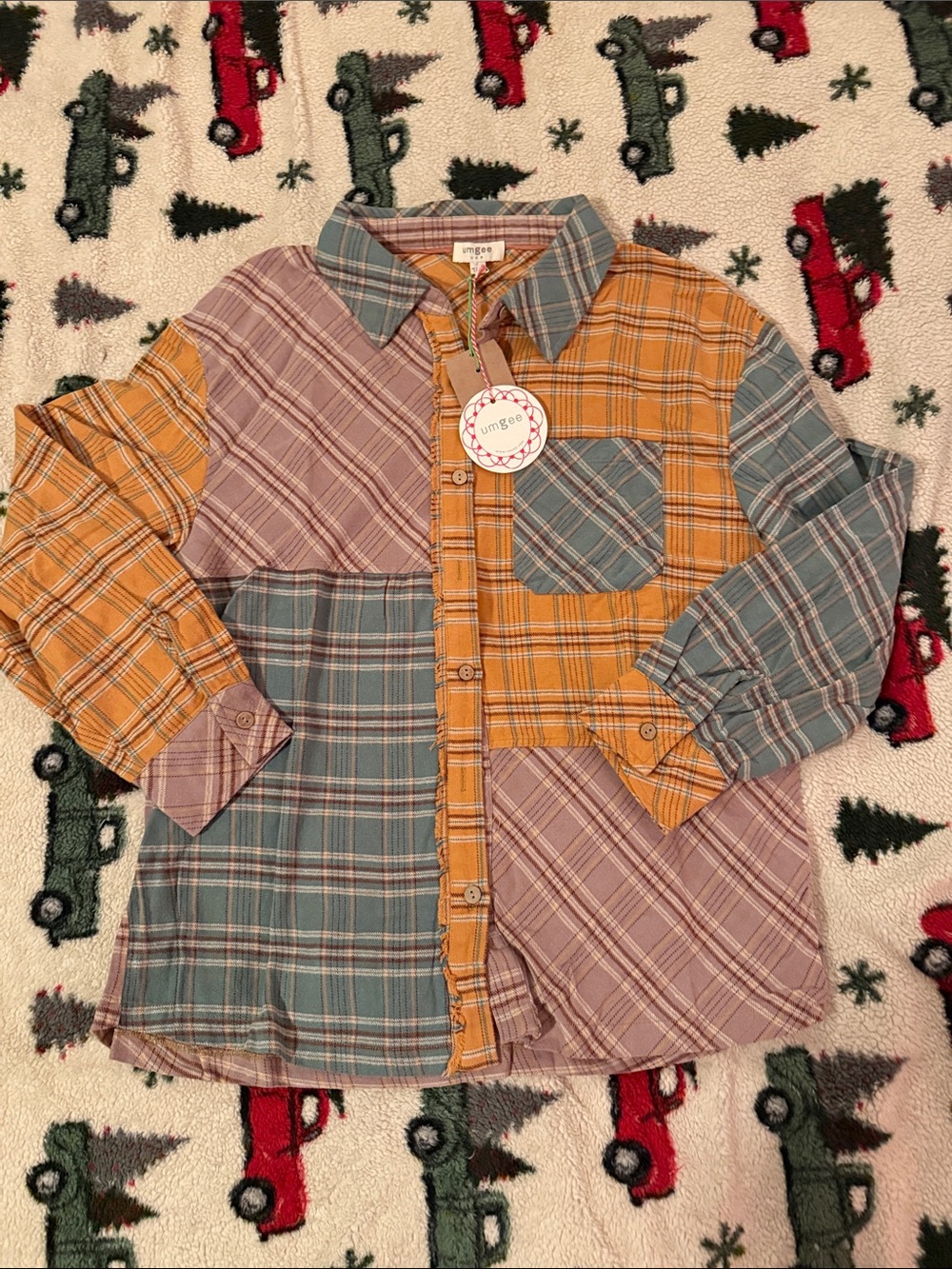 Umgee USA Patchwork Plaid Button-Up Shirt - Mustard, Teal & Mauve